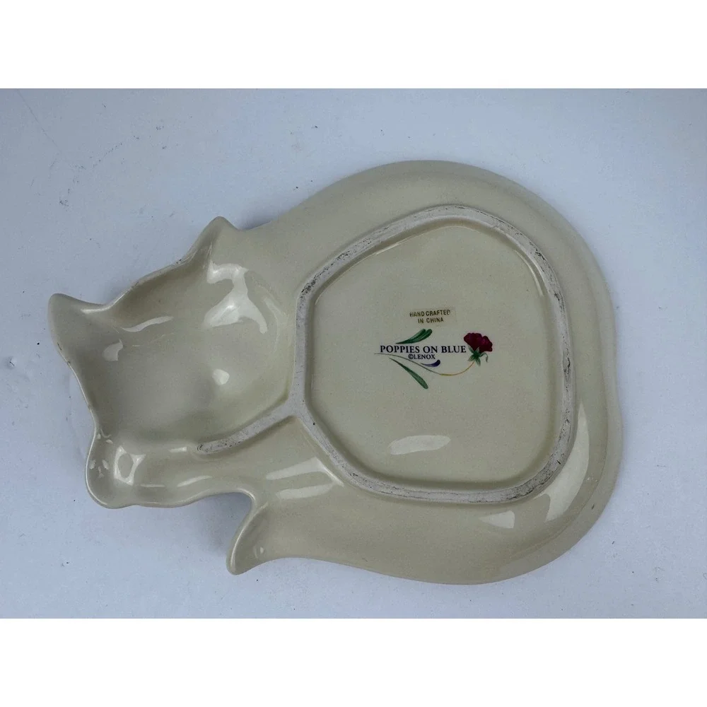 Lenox Poppies on Blue Sleeping Cat Trinket Dish Porcelain Floral White Red Blue